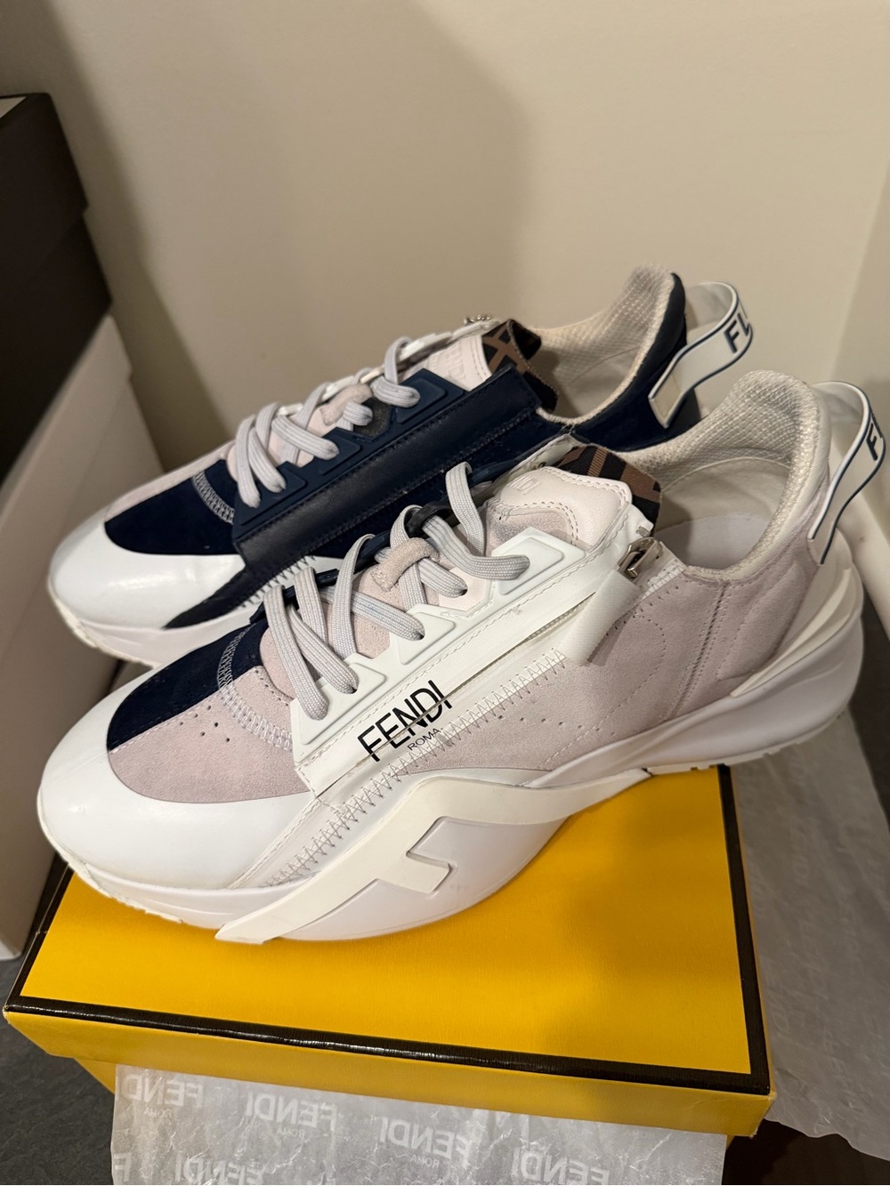 Fendi Men's Sneakers in Navy Blue, White, Light Gray